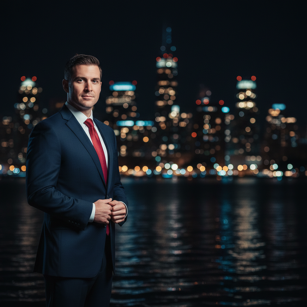 Professional male attorney in dark suit, confident legal expert